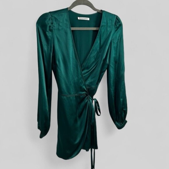 Reformation Dresses & Skirts - Reformation Starlight Wrap-Over puffed sleeve silk mini dress emerald size XS